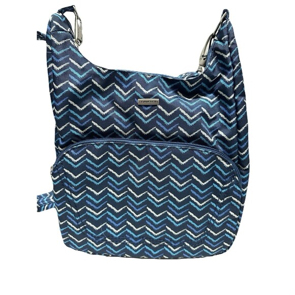 NEW Travelon Anti-Theft Classic Essential Messenger Travel Bag Blue Chevron - Picture 2 of 8